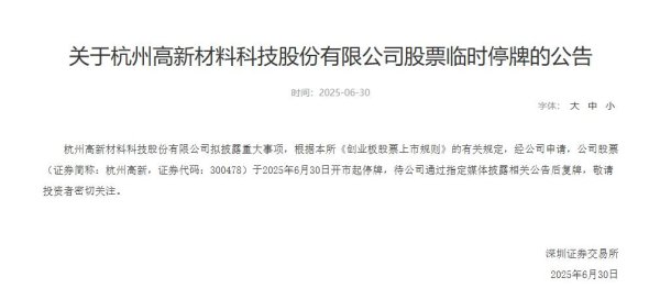 美通美股票配资 深交所：杭州高新临时停牌
